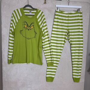Hanna Andersson The Grinch Pajamas Large Green White Striped Organic Cotton Set